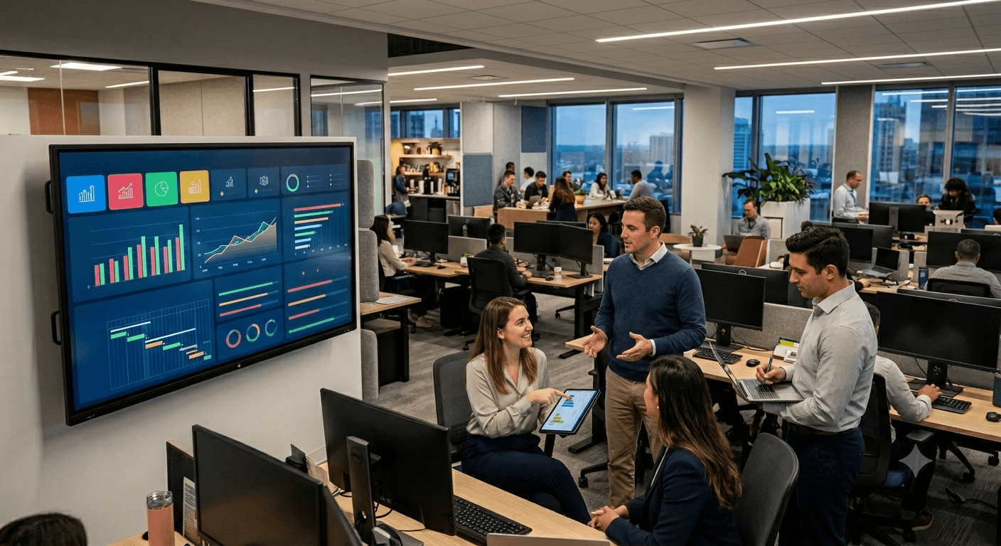 Enterprise teams collaborating in a modern workspace